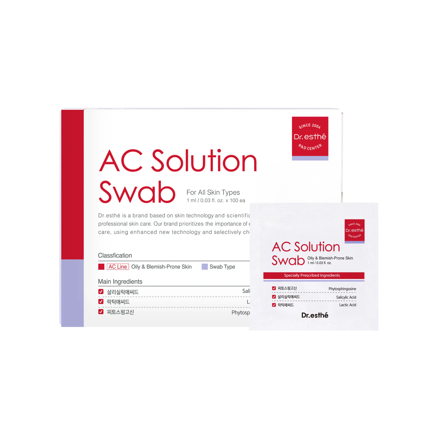 DR. ESTHE AC Solution Swab 100/Box #1 Best-Selling Acne Care in Korea for Treating Acne, Reducing Pores, and Controlling Sebum Production